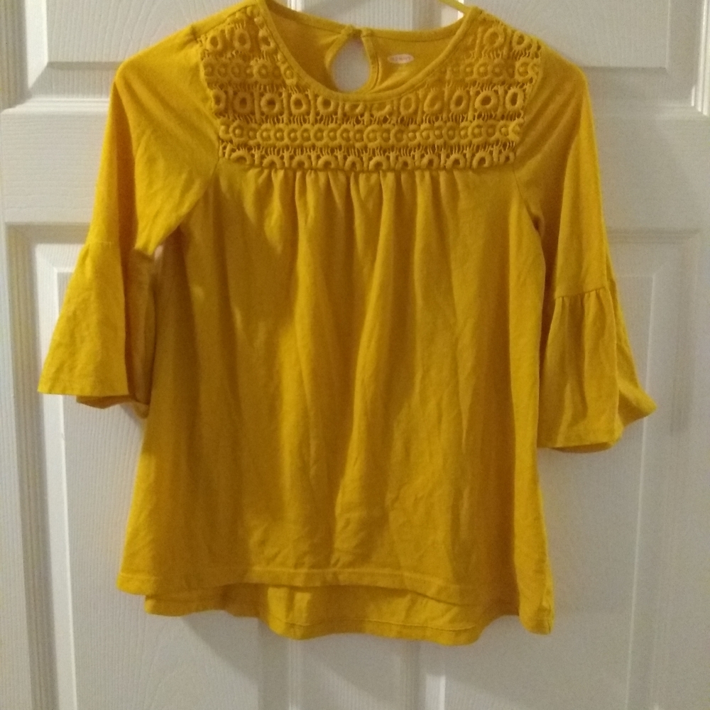 Girl's goldenrod bell sleeve top with lace yoke